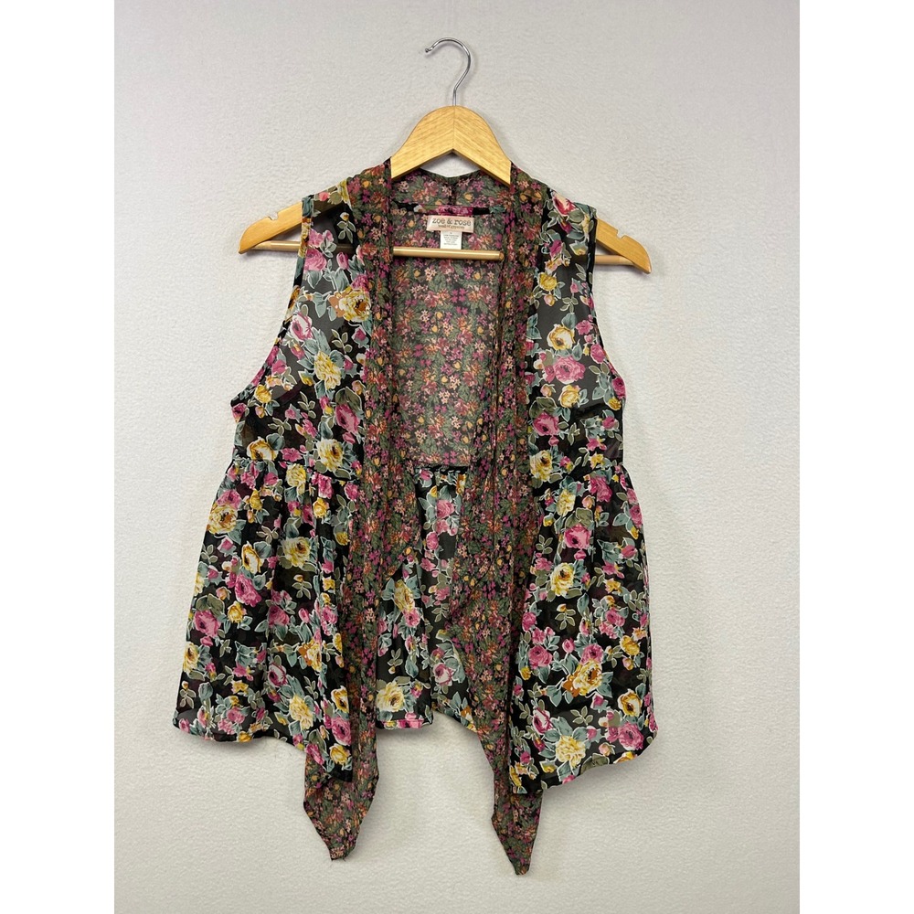 Zoe & Rose Boho Floral Chiffon Sleeveless Vest Womens Medium Black Mixed Print